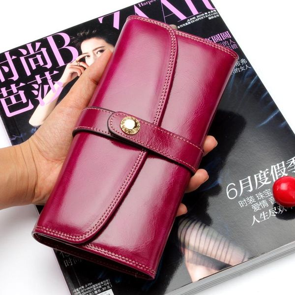 

wallets female purse genuine leather original vintage cow buckle woman clutch bags, Red;black