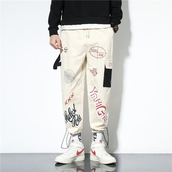 

multi-pockets color block patchwork print cargo harem joggers pants streetwear harajuku hip hop casual loose trousers, Black