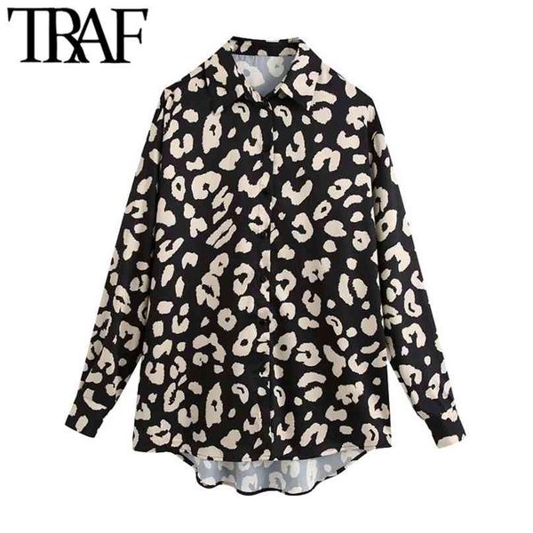 

traf women fashion animal print asymmetric loose blouses vintage long sleeve button-up female shirts blusas chic 210719, White