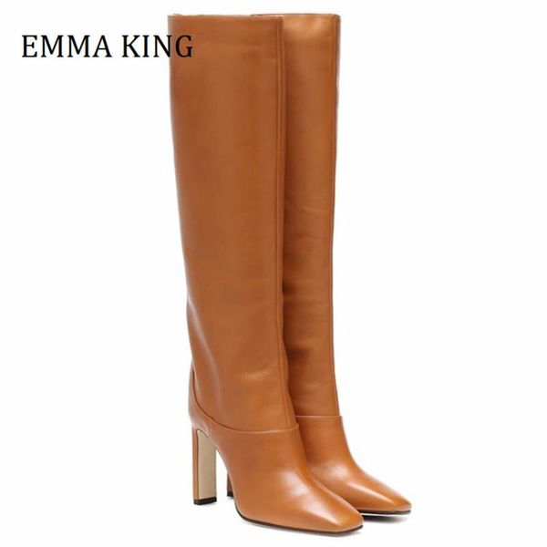 

boots 2021 autumn winter women knee high faux leather square toe heel shoes brand design long boot warm party footwear, Black