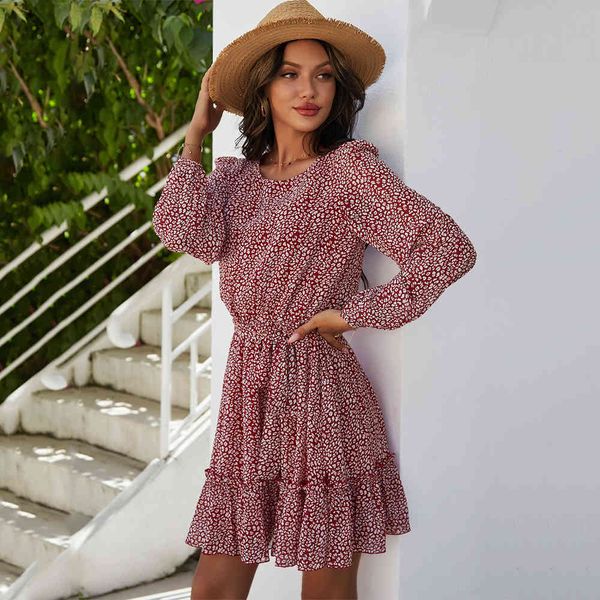

dress mesh sheer print midi dress with ruffle 2021 women long sleeve o neck lace up ladies spring elegant casual vintage dresses dg20, Black;gray