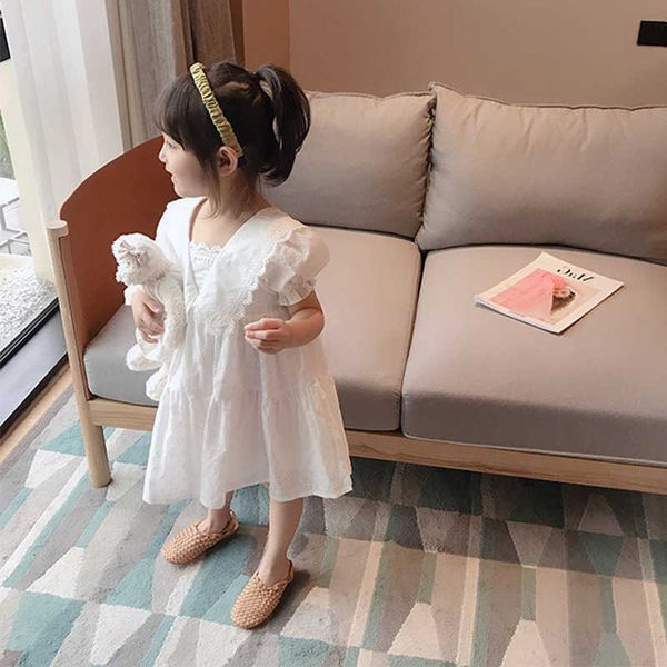 2-7T Kleinkind Kind Baby Mädchen Kleidung Sommer Kurzarm Weiß Spitzenkleid Elegante Rüschen Baumwolle Lose Sommerkleid nette Süße Kleid Q0716