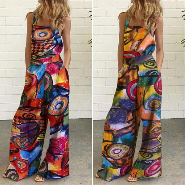 

women's jumpsuits & rompers sleeveless jumpsuit fashion printing causal loose wide leg bib pants overalls 2021 summer plus size, Black;white