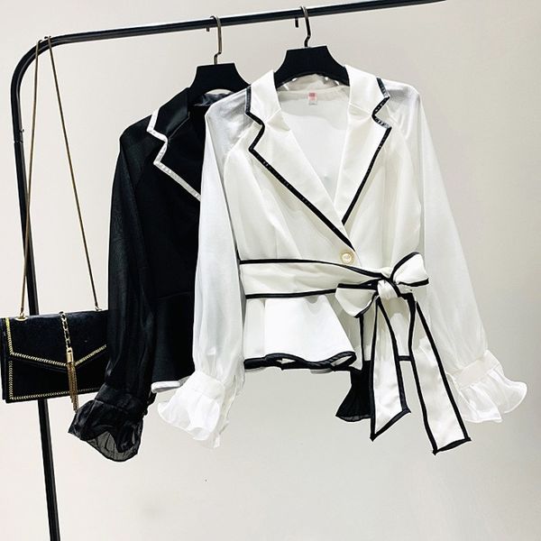 

suits ladies chiffon blouse women notched collar flare long sleeve shirt temperament white black striped edge shirts blusa