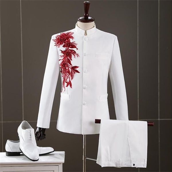

men's suits & blazers chinese tunic three-dimensional flower white fashion chorus costume embroidery youth singer host, White;black