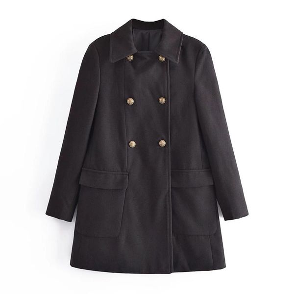 

women's wool & blends sherouse women fashion black solid double breasted long coat vintage sleeves lapel neck woman winter outwear