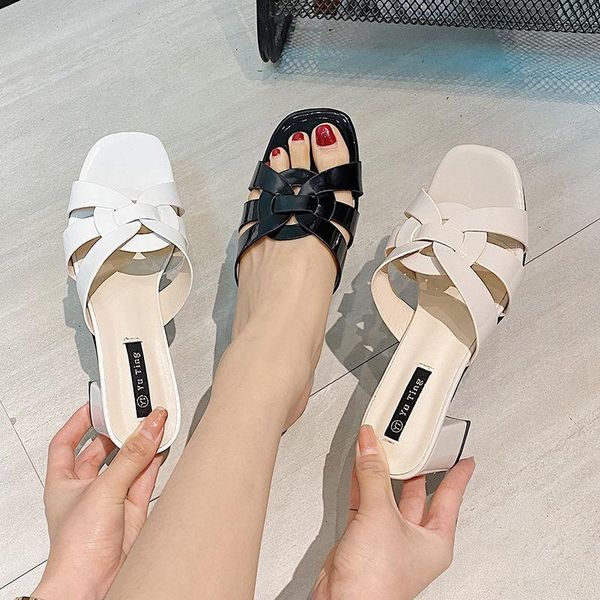 

ladies slippers summer middle-aged sandals women's outer wear fashion high heels thick heel tow c694, Black