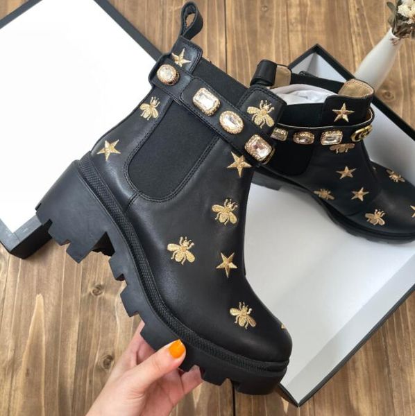 

designer women boots martin desert leather boot flamingos love arrow medal 100% real leathers coarse winter designers shoes with box size 35, Black