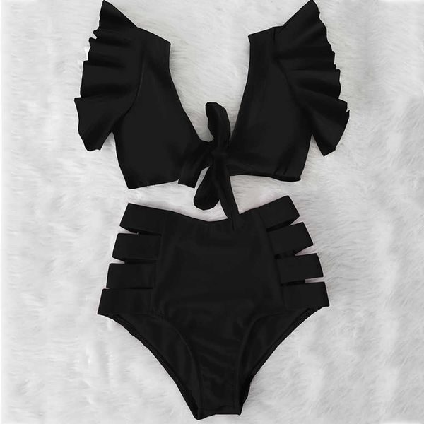 

bikinis double shoulder ruffle bikini set high waist swimwear women swimsuit v-neck bathing suit beach wear swim 210714, White;black