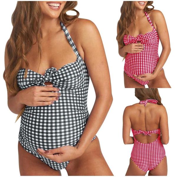 

one-piece suits women's maternity swimsuit one piece summer beach bikini plaid print swimwear for women pregnancy dressp