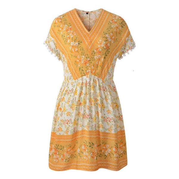 

2021 swintager summer women's short sleeve v-neck bohemian floral drs, Black