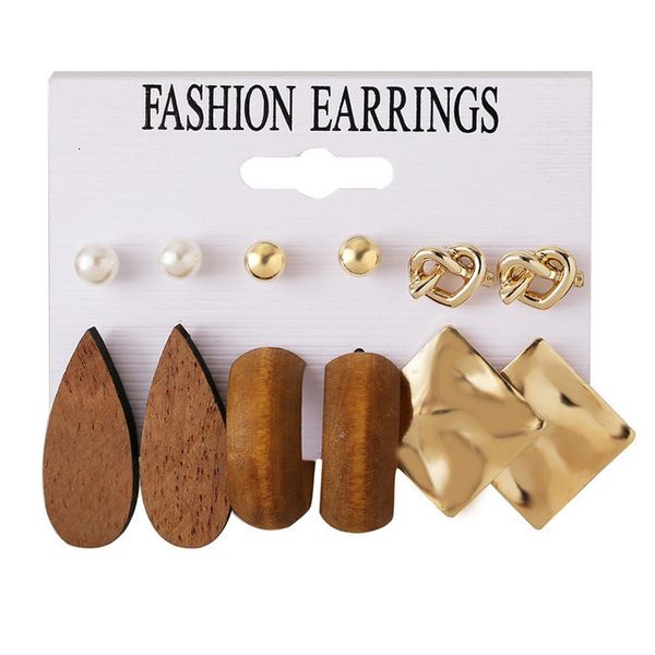 

50622 water drop shape wood metal square piece love earring set 6 pairs, Golden