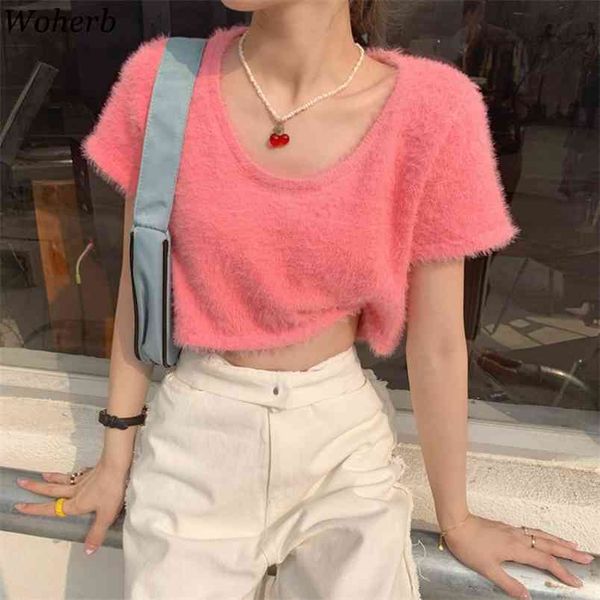 Kurzhülse gestricktes T-Shirt Frauen Sommer koreanische süße O-Ausschnitt Pullover T-Shirt Nachahmung Nerzhaar Candy Farbe Crop Top 210519