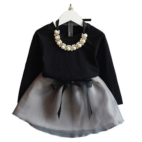 Bebek Kız Elbise Suit Varış Bahar Sonbahar Giysileri Siyah Tam Boy Üst + Gri Mini Etek Iyi Hediye 3-7 Yıl 210515