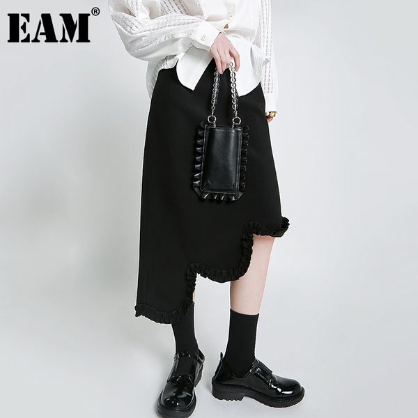 

[eam] high elastic waist irregular ruffles temperament long half-body skirt women fashion spring summer 1dd6010 210512, Black