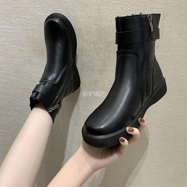 

boots genuine leather women for ladies buckle motorcycle shoes fur warm boats kopmkp zipper round toe botines de mujer, Black