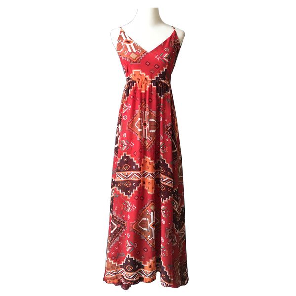 Red Bohemian Boho Print Geometric Strap Senza maniche Backless Cross Maxi Long Dress Summer Vocation Holiday Beach D0594 210514