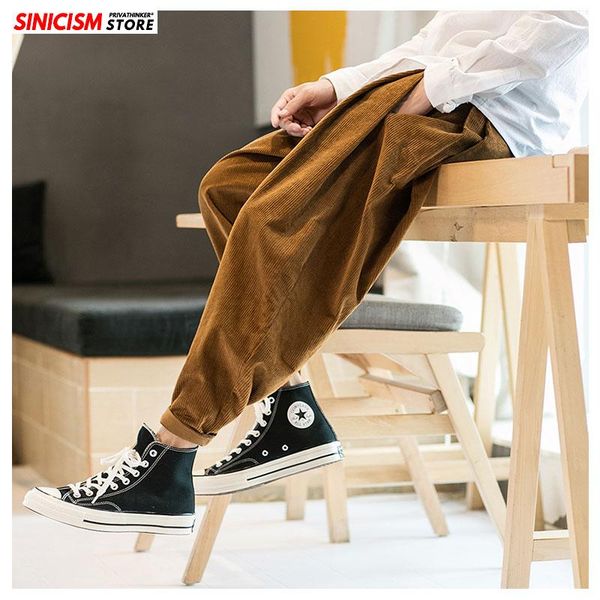 

men's pants sinicism store autumn velvet male comfy sweatpants pant japanese casual cotton trouser baggy linen solid harem, Black