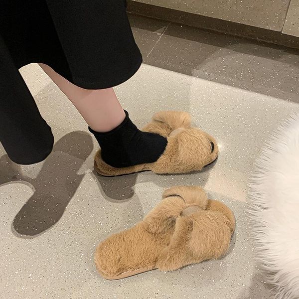 

slippers female shoes casual butterfly-knot slides low fur flip flops flock 2021 luxury flat plush massage with butterfly-kn, Black