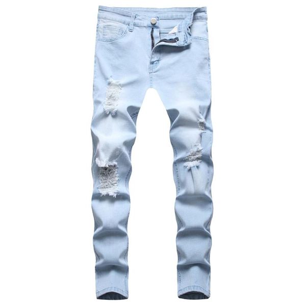 

men's jeans casual ripped denim youth straight stretch pants light blue fashion long plus size