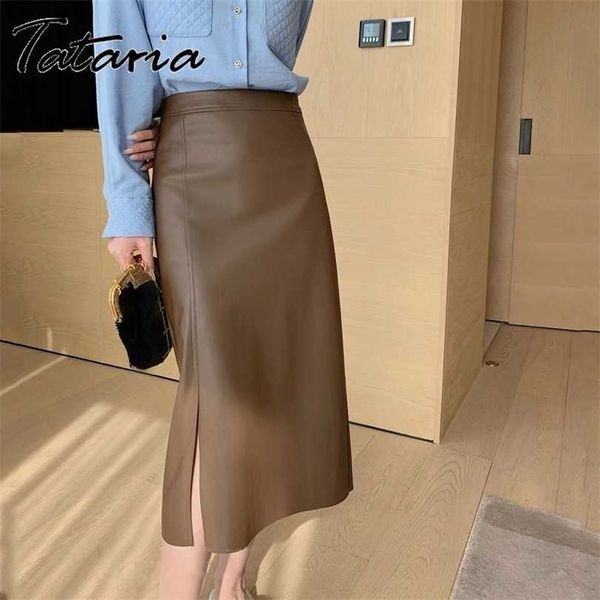 

fashion women's skirt with side slit autumn winter pu leather s black office lady a-line mid basic faldas 211214