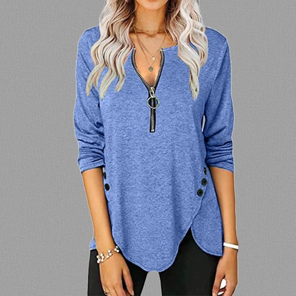 

women's t-shirt t shirt for women long sleeve tunic shirts round neck zipper button side manga larga irregular hem harajuku tshirt, White