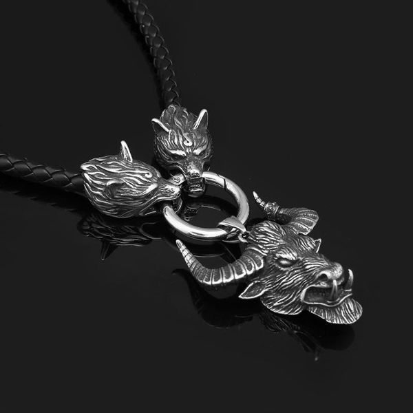 

pendant necklaces stainless steel bull head necklace leather rope men jewelry norse viking, Silver