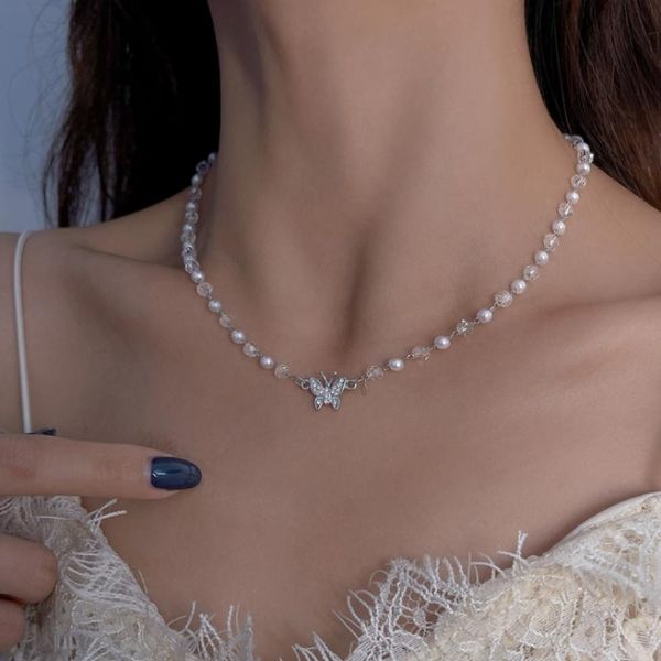 

pendant necklaces fashion women's pearl chain butterfly choker necklace sweet jewelry on the neck 2021 collar for girl, Silver