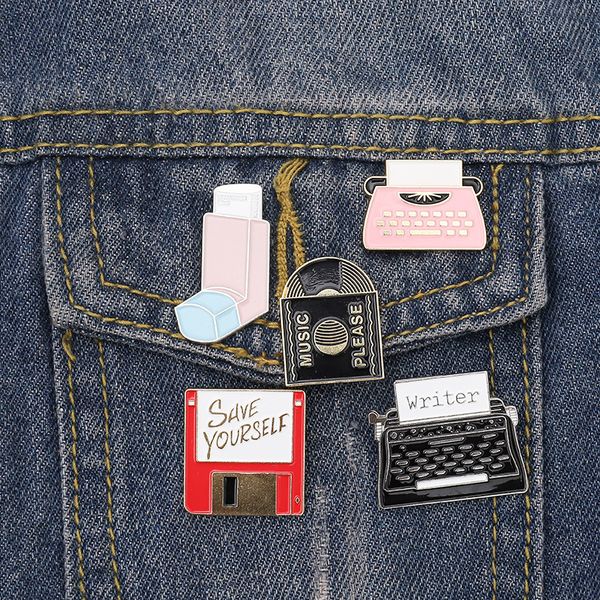 

cd record typewriter brooches usb flash storage collar enamel lapel pin punk music cowboy bag hat clothes badge jewelry accessories wholesal, Gray