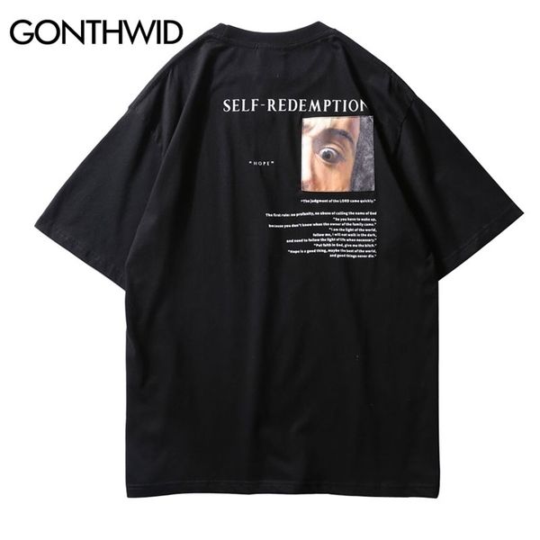 

gonthwid self redemption patchwork printed t-shirt hip hop short sleeve streetwear tees fashion skateboards tshirts 210324, White;black