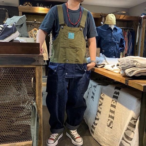 

japanese style workwear military jumpsuit american suspender pants european and overalls daddy men men's, Black