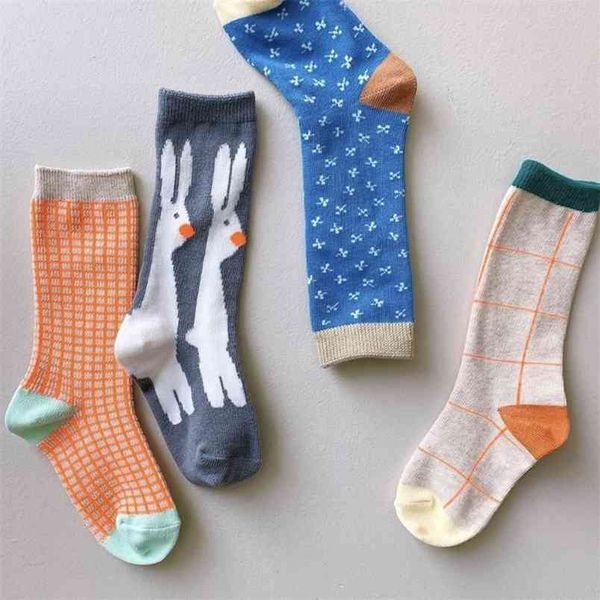 

2 pcs/lot super beautiful kids girl winter autumn tube socks bunny and plaid baby sock boys girls 210619, Pink;yellow
