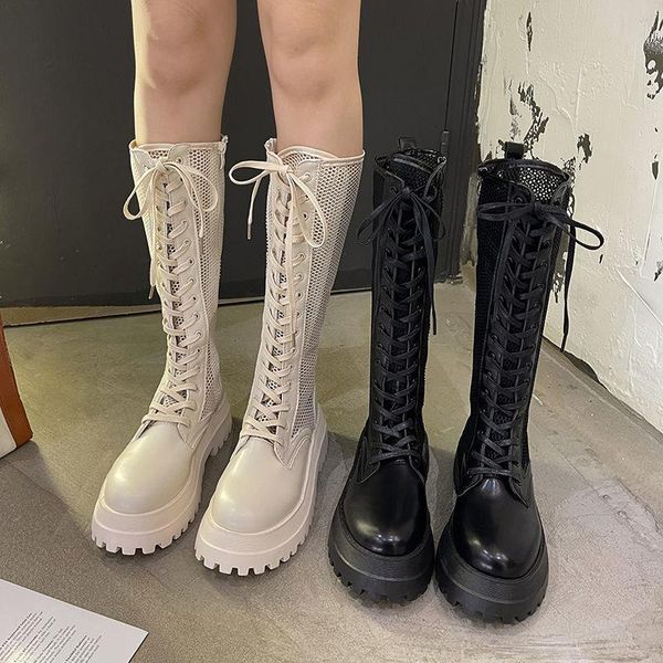 

boots women shoes chunky platform mesh knee high punk thick bottom lace up long woman 2021 zipper breathable, Black