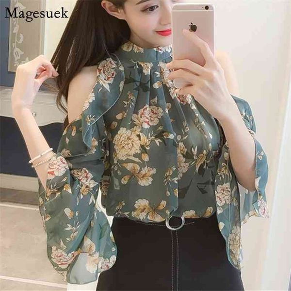 Güz Kelebek Kollu Şifon Gömlek Kadınlar Casual Baskı Çiçek Bluz Yeşil Pembe Bayan Kapalı Omuz Tops Blusa 9374 50 210512