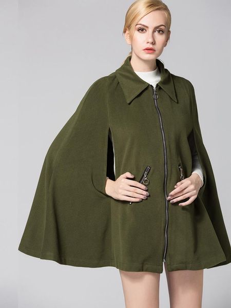 

women's wool & blends winter big brand army green cloak pocket silver zipper coat windbreaker european/american solid color sleeveles c, Black
