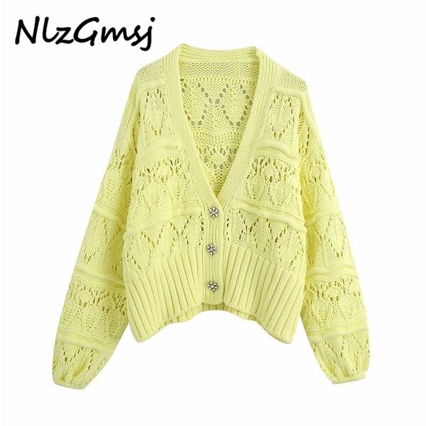 Nlzgmsj za frauen gelb hohl lose gestrickte cardigan pullover langarm perlen button weibliche oberbekleidung schicke tops 210812