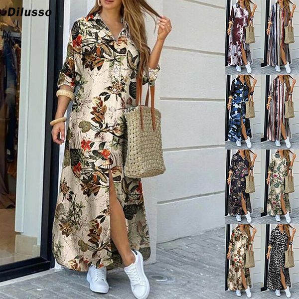 

fashion women casual loose dresses long sleeve pocket button shirt print dress floral straight ankle-length, Black;gray