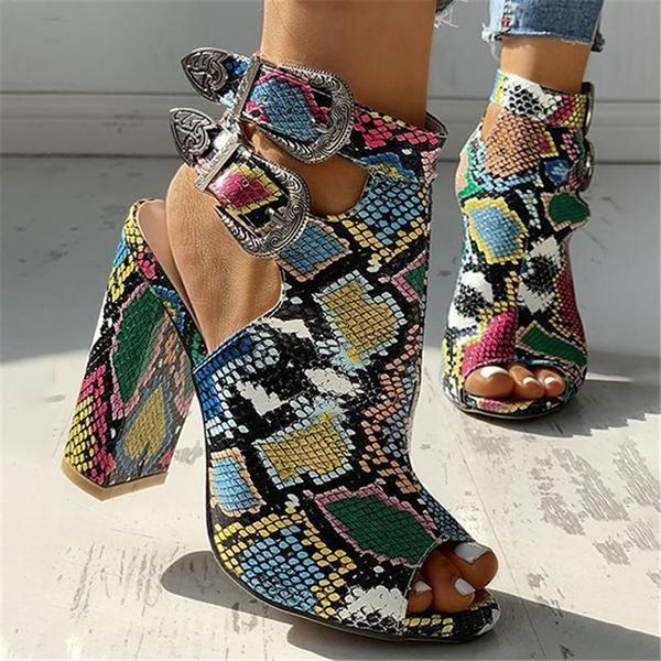 

women snakeskin ankle buckled chunky heels dress shoes, Black