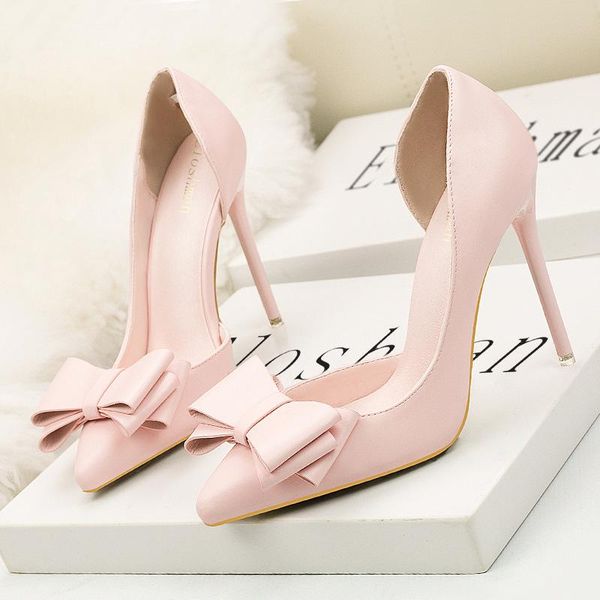 

dress shoes 2021 fashion women pumps high heels wedding solid pointed toe stiletto bow white ladies, Black