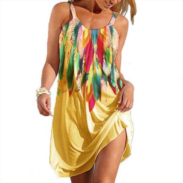 

feather printing sling sleeveless u womens dress neck off shoulder mini sundress for beach, Black;gray