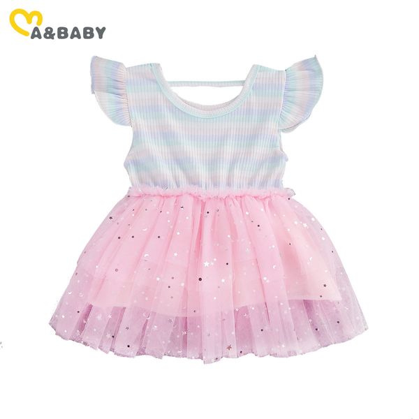 6M-5Y Sommer geboren Kleinkind Baby Kind Mädchen Kleid Regenbogen Gestreiften Rüschen Stern Pailletten Tüll Tutu Für Geburtstag 210515