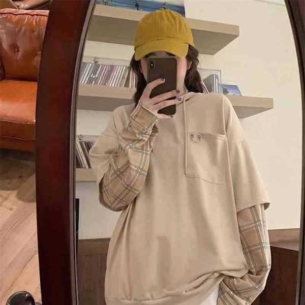 

hooded sweater fried street long sleeve women's spring and thin loose early autumn clothes 2021 new fake two-piece splicing top, Black