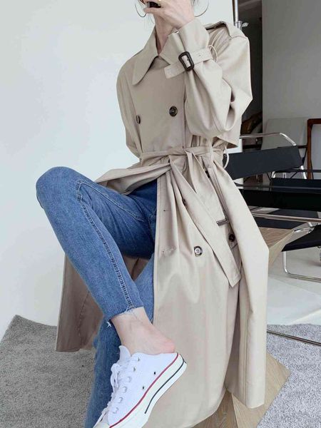 

coats 2021 autumn and winter korean version of the lapel double-breasted back slit long-sleeved trench coat with belt mdxo, Tan;black