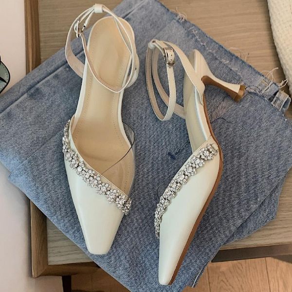 

dress shoes women's genuine leather square toe ankle strap kitten heel sandals crystal buckle elegant ladies comfort high heels summer, Black