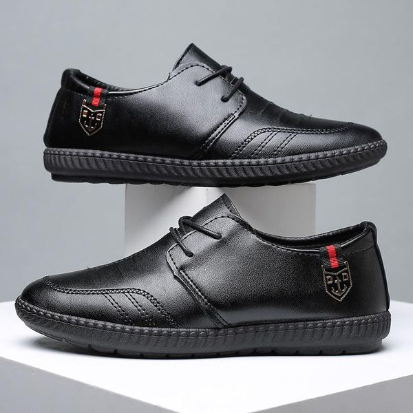 

dress shoes leather loafers men classic breathable british style soft sole lace-up business man zapatos de hombre, Black