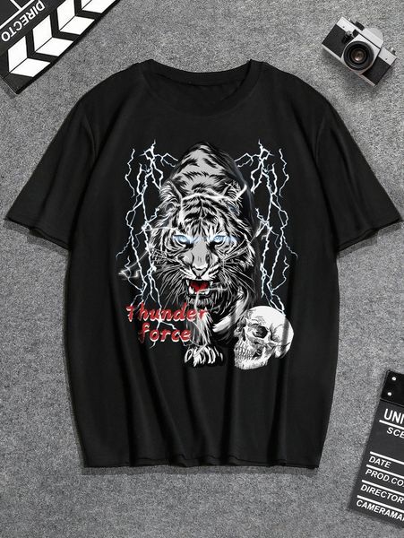 

extended sizes men tiger & skull print tee j7y0#, White;black
