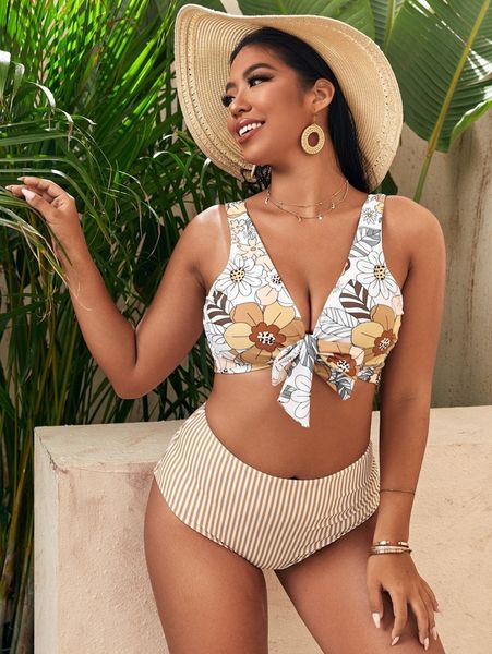 

plus floral & striped knot front bikini swimsuit 61nq#, Black