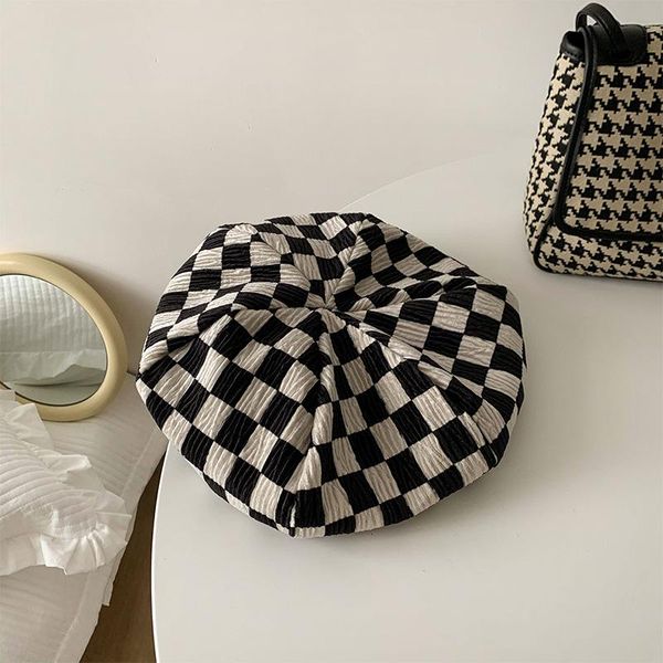 

beanie/skull caps checkerboard lattice beret hat ladies autumn and winter retro wild cloud painter bonnets for women wholesale, Blue;gray