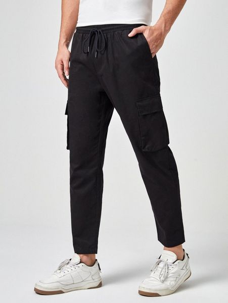 

men drawstring waist flap pocket pants t3zs#, Black