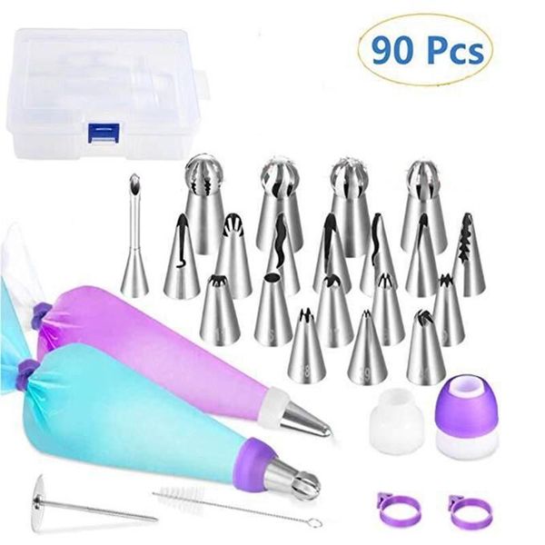 

baking & pastry tools 90 pcs/set bag tips bags + 52 nozzle set puffs cake decorating kitchen diy icing piping cream reusable